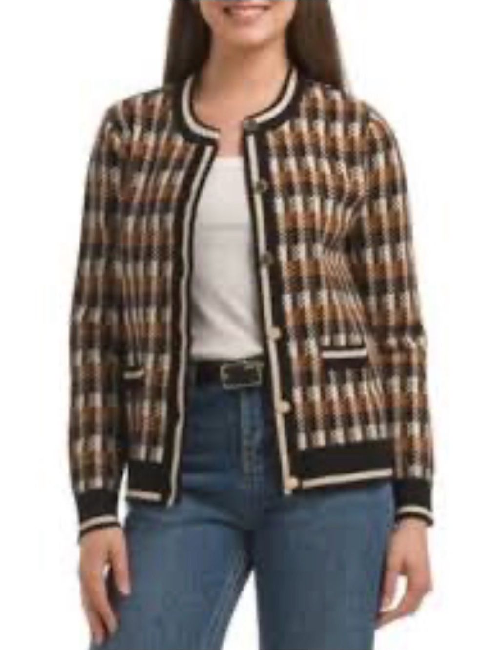 Anne Klein Plaid Knit Cardigan in Black, Brown & Cream Sz S NWT/0396